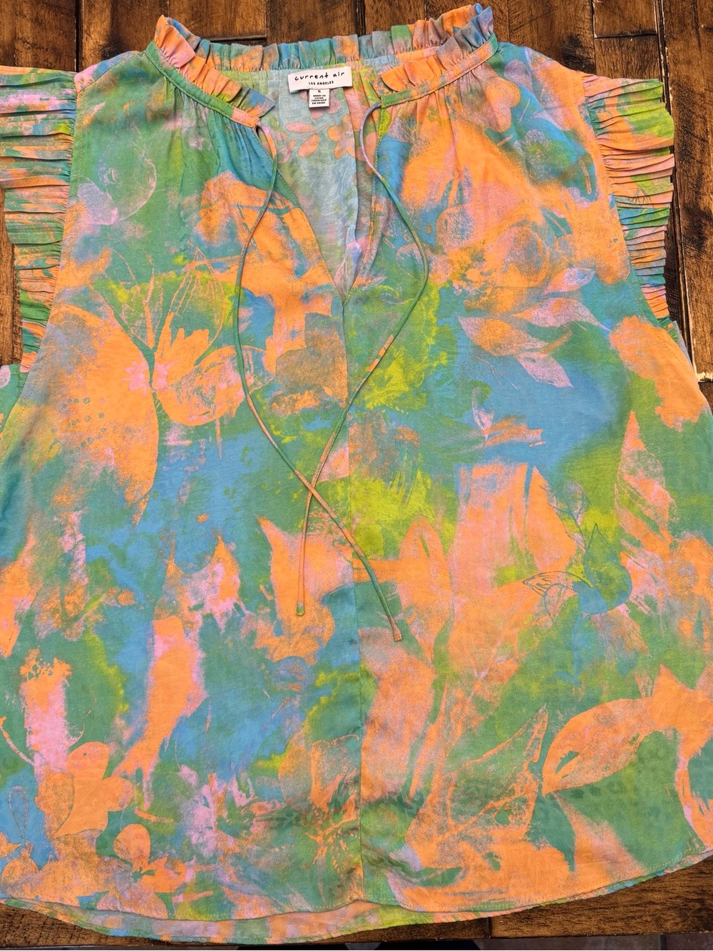 Current Air Pastel Floral Tie-Neck Top in Blue, Orange & Green
